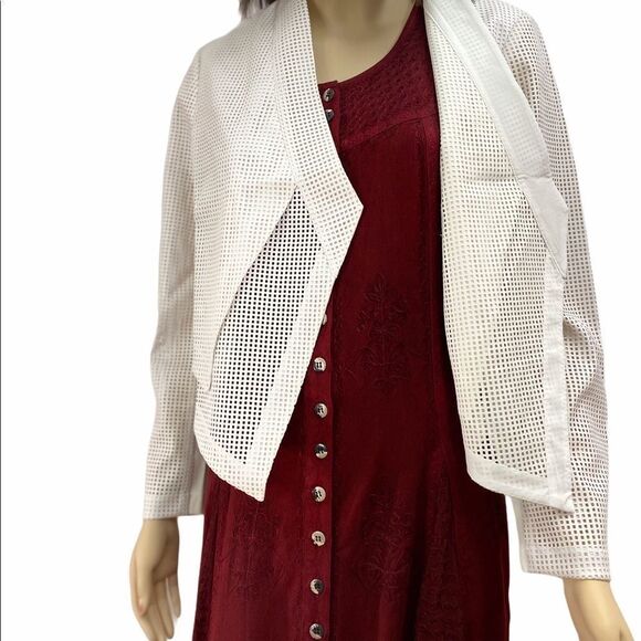 White Perforated Faux Leather Long Sleeve Open Front Blazer Cropped Jacket NEW - Picture 3 of 4